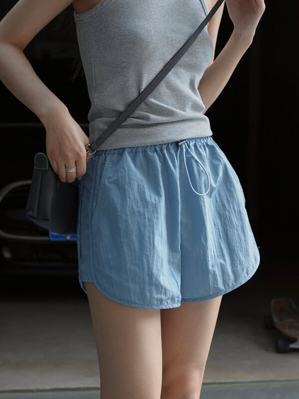 Celana pendek wanita, kasual warna solid pinggang tinggi longgar musim panas