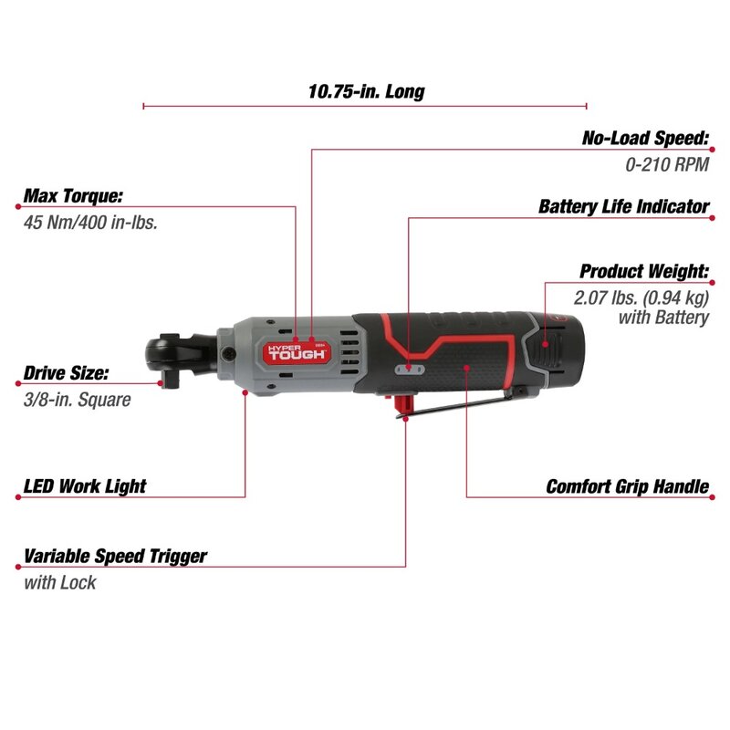 Hyper Tough 12V Max* Lithium-Ion Cordless 3/8-Inch Ratchet with 1.5Ah Battery and Charger, 98804