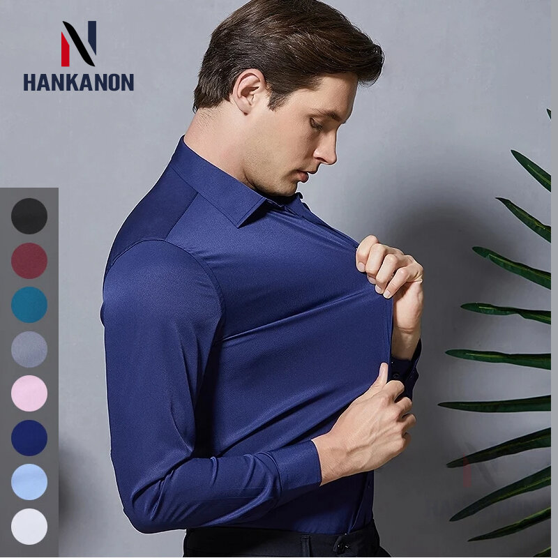 Camisa casual de cor sólida de manga comprida masculina, sedosa alta elástica anti-rugas camisa de negócio, social formal, não-ferro, cor sólida