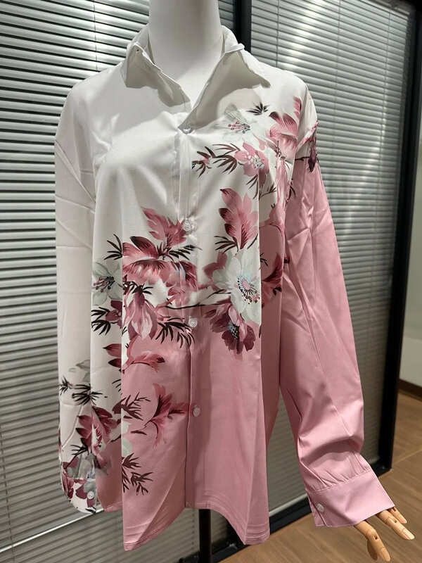 Kemeja wanita modis dan Blus, kemeja motif bunga merah muda, pakaian wanita ukuran besar musim semi & Musim Panas 2024