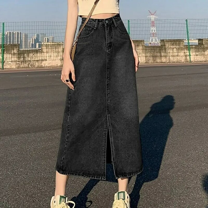 Długie spódnice z rozcięciem z wysokim stanem dla kobiet 2024 letnie koreańskie dżins wysokiej jakości spódnice damskie casualowe niebieskie dżinsy w stylu Vintage