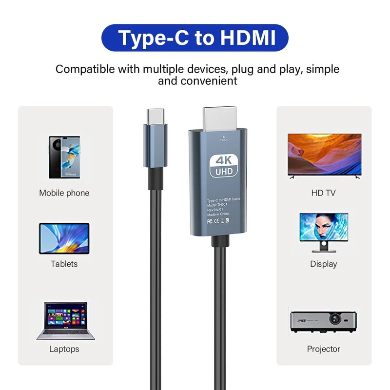 Type C To HDMI Adapter Cable Type C 4K 60Hz HDMI-Compatible Converter Cable For Projector PC MacBook Pro Laptop Tablet HUAWEI