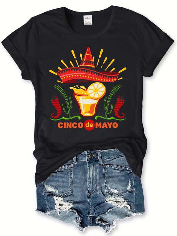 قبعة نسائية من Cinco De Mayo مطبوعة بأكمام قصيرة برقبة دائرية ملابس علوية كاجوال وصيف وربيع