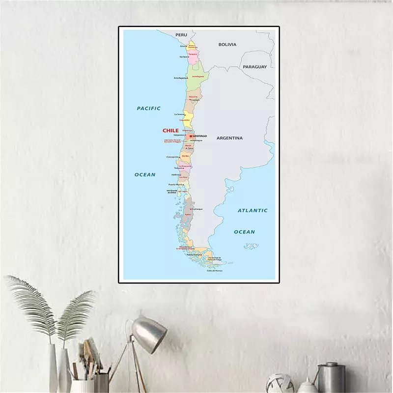 Mapa chilena em espanhol, arte da parede, cartaz de pintura em tela, decoração retrô para sala de estar, material escolar, 60x120 cm