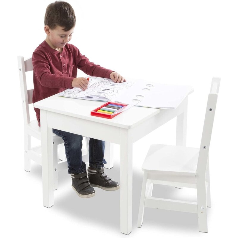 Children's tables and chairs Wooden Farmhouse Table & 4 Chair Set, Children Furniture for Arts and Activity,White for Ages 3-8