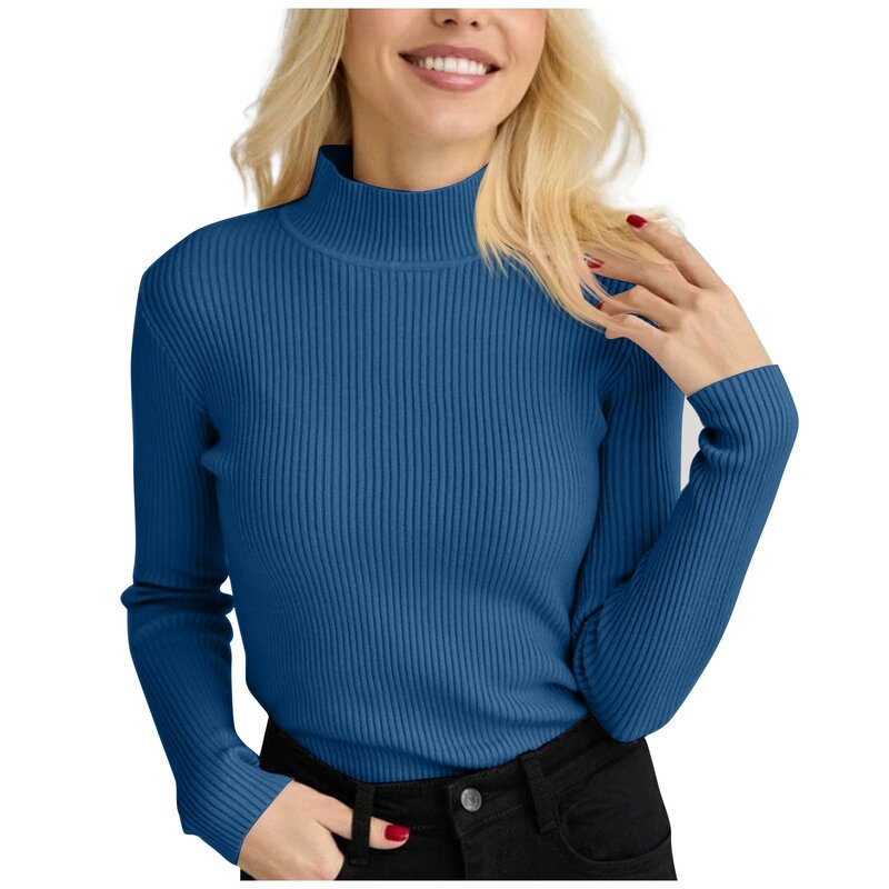 Moda damska Casual do połowy szyi podkładka jednolity kolor uniwersalny dzianinowy sweter pulower z okrągłym dekoltem jesień i zima
