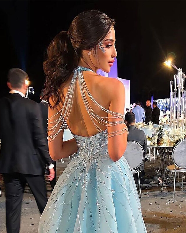 Prom Dress Elegant Halter Empire Celebrity Dresses Floor Length Backless Beading Sequin Organza Formal Evening Gowns 프롬드레스