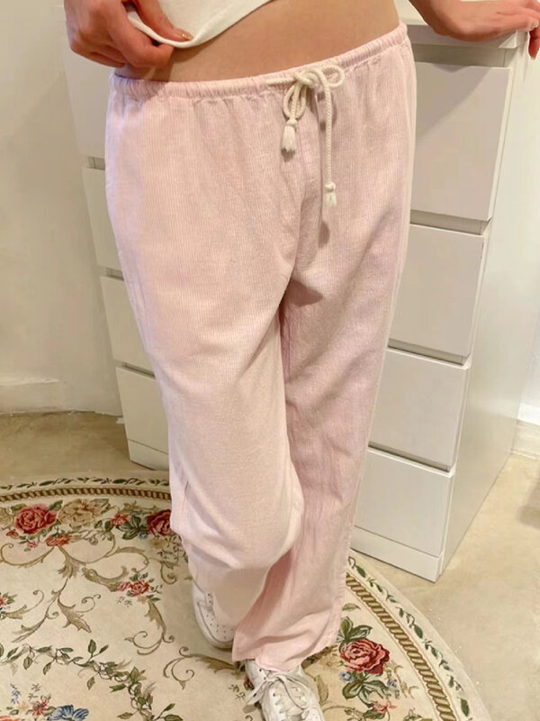 Pantalones deportivos Retro para mujer, ropa de calle holgada, de lino, de cintura alta, informal, de pierna ancha, color rosa, Y2k, para otoño