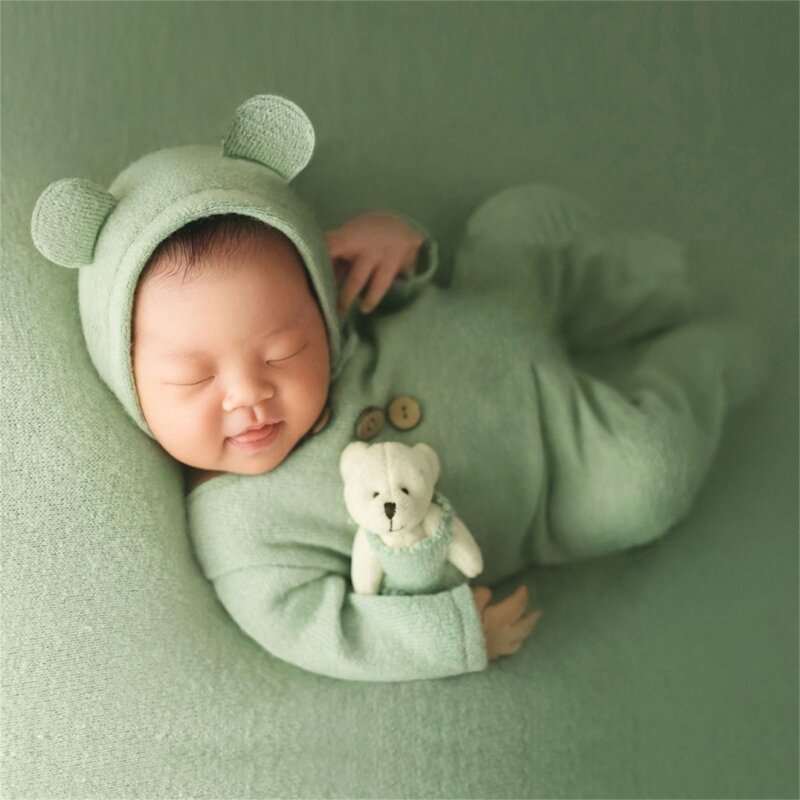 Newborn Photography Costume Set Baby Knit Clothing with Cute Bear Hat & Lovely Doll Baby Photo Shoot Props for Boy Girl