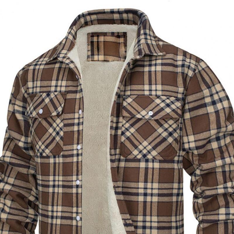 Men's Fleece Plaid Flannel Shirt Jacket Button Up Casual Cotton Jacket Thicken Warm Spring Work Coat Sherpa Outerwear Men Coat