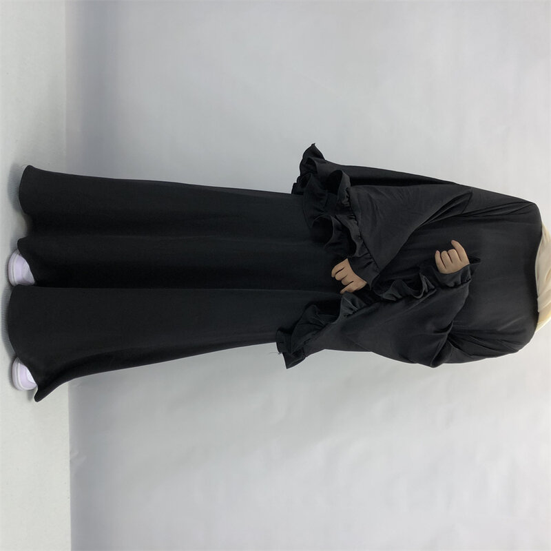 Dubai Flowy Abaya große Rüschen ärmel islamische Kleidung muslimische Frauen Reiß verschluss Maxi kleid Flare Manschette bescheiden glänzend weichen Samt Satin Stoff