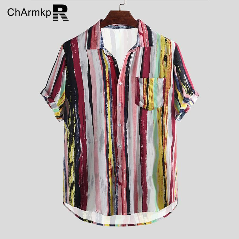 Fashion ChArmkpR 2024 Summer Men Shirts Short Sleeve Casual Striped Shirt Streetwear Tops S-2XL