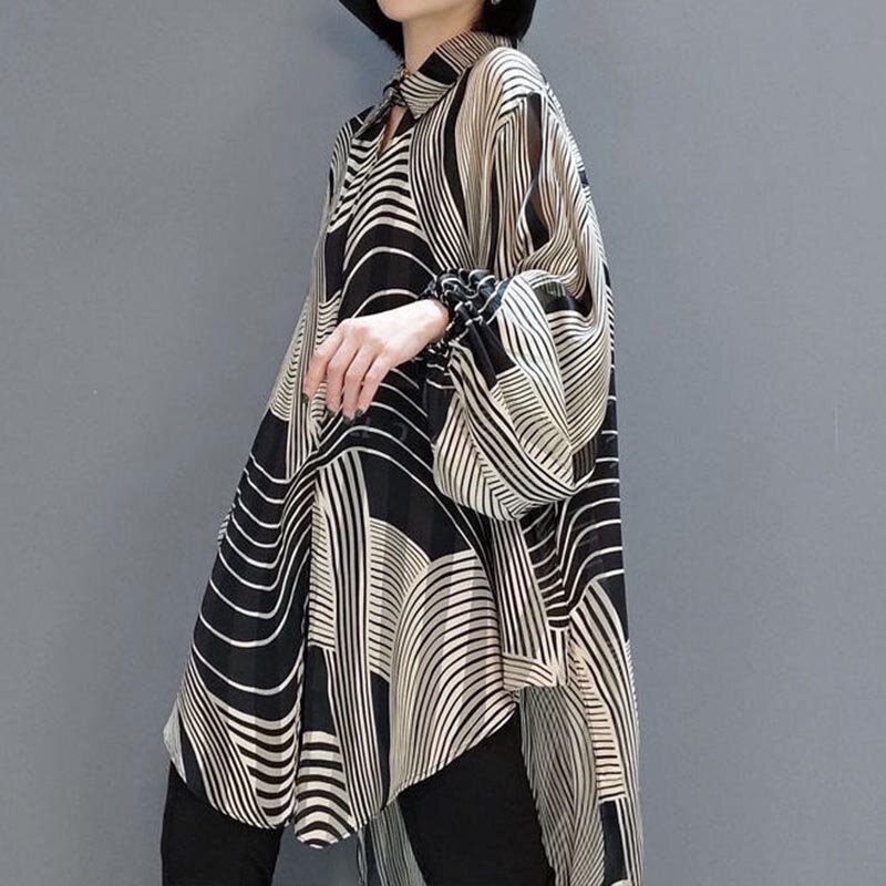 Oversized Striped Chiffon Summer Shirt Women Blouse 2023 Holiday Style Ladies Casual Sunscreen Loose Large Shirts 4XL Tops