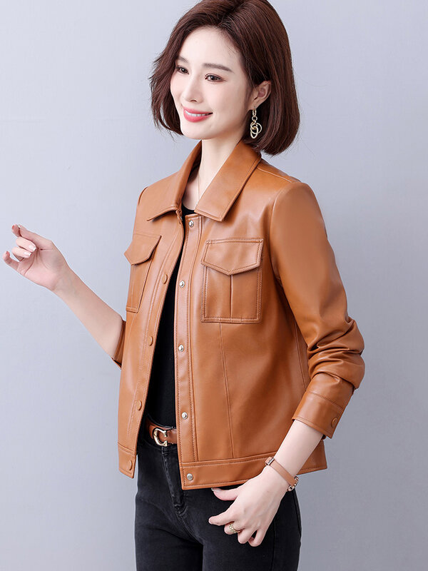 New Women Moto Biker Leather Jacket Spring Autumn Fashion Turn-down Collar Single Breasted Split Leather Casual Short Coat