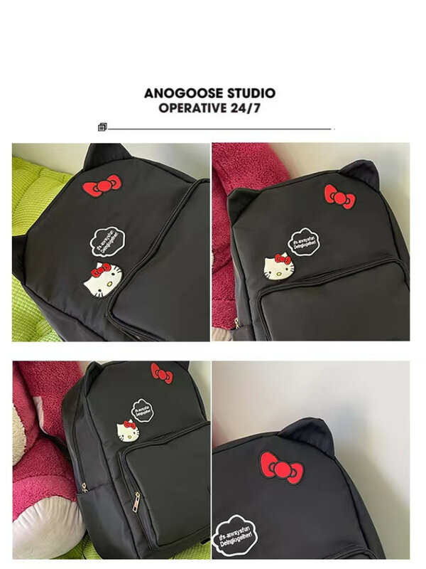 SanrioHello KittyBackpack para mulheres, bonito Kawaii Anime Schoolbag, bordado preto, grande capacidade, bolsa de escola de moda, presente Harajuku