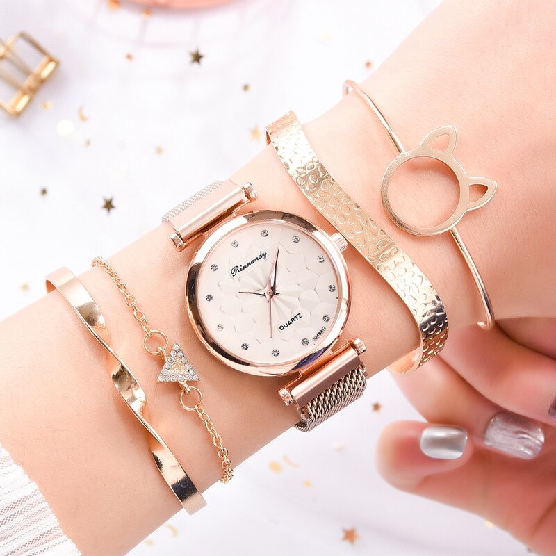 5PCS สร้อยข้อมือนาฬิกาชุดแฟชั่นผู้หญิงทองคำสีกุหลาบตาข่ายเข็มขัดนาฬิกาข้อมือนาฬิกาควอตซ์สตรีนาฬิกา Relogio Feminino