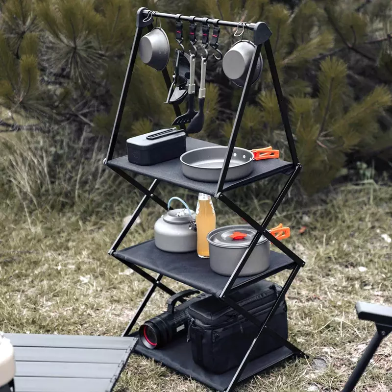 Rak pengeringan gantung mangkuk berkemah, rak penyimpanan peralatan masak BBQ piknik paduan aluminium dengan kait paduan aluminium