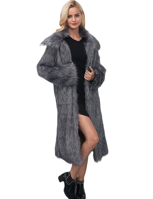 Abrigo de piel sintética para mujer, abrigo cálido de manga larga, suave y alargado, ajustado, grueso, Otoño e Invierno