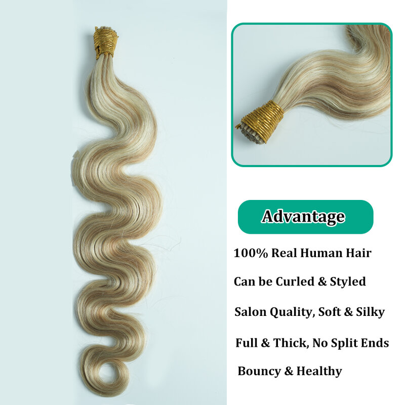 LOVEVOL-extensiones de cabello Body Wave I Tip, extensiones de cabello marrón con resaltado rubio caramelo, fusión fría, Punta I, 100G/por