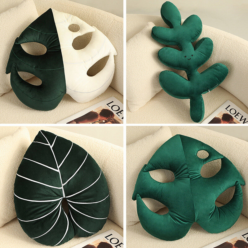 INS mainan bantal mewah daun hijau gaya Nordic lucu wajah tersenyum bentuk daun daun bantal sofa lembut mainan anak-anak Dekorasi Rumah