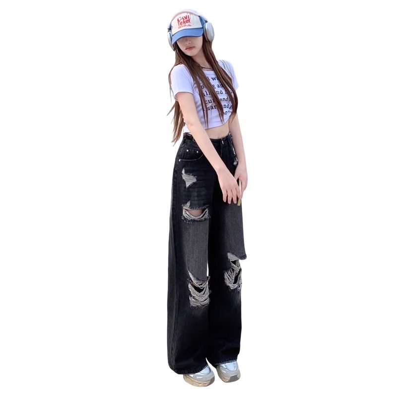 Broken Hole Design Wide Leg Jeans for Women's Spring and Summer New Slimming High Waisted Loose Straight Leg Floor Mop Pants
