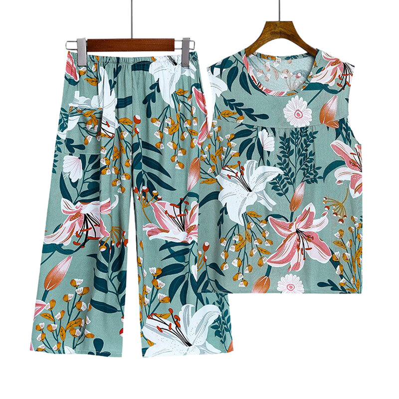 Women Capris Pajamas Set Summer Cotton Sleepwear Elegant Floral Printing Calf-length Loungewear Leisure Cropped Trousers Pyjamas