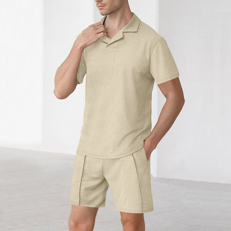 Conjuntos de camisa polo e shorts de lapela masculino, roupas casuais de streetwear, roupas de lazer soltas, 2 pcs, verão