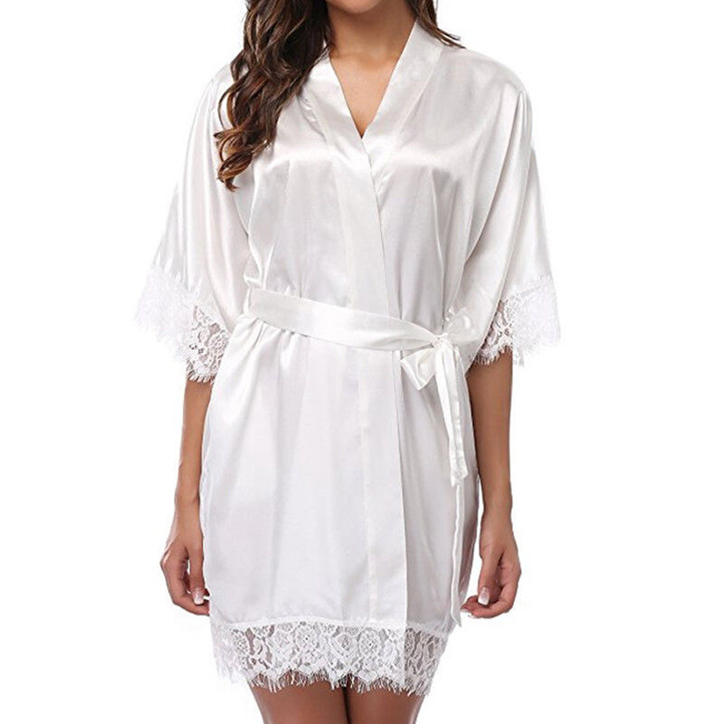 Sexy Women Robe Satin Lace Lingerie Ultra-thin Super Short Sleepwear Loose Breathable Dress Solid Nightgown Hot Sale Bathrobes