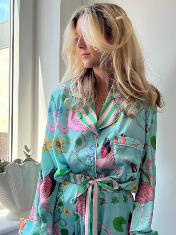 Ins Style Design Ice Silk Flamingo Pajamas Women's Spring Summer Long Sleeves Pants Home Suit Plant Flowers Sleepwear Female