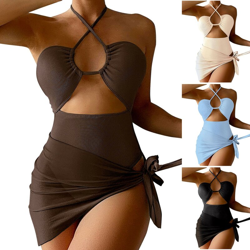 Conjunto de Bikini estampado para mujer, ropa de playa de tres piezas, sin mangas, Sexy, 2023