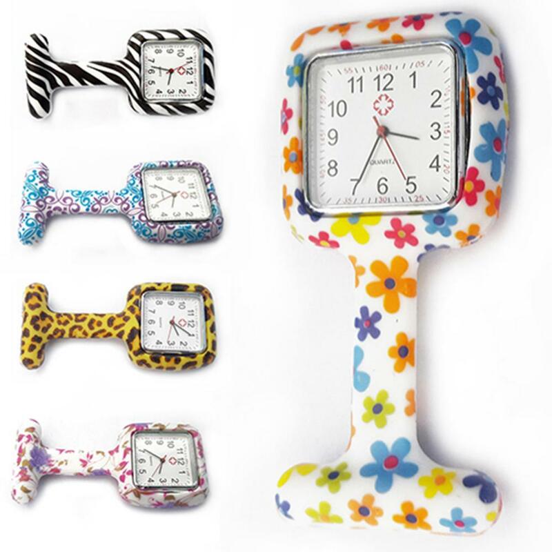 쿼츠 시계 실리콘 여성 간호사 시계, 사각형 인쇄 스타일 클립, 포브 브로치 펜던트, 포켓 걸이식 의사 무브먼트