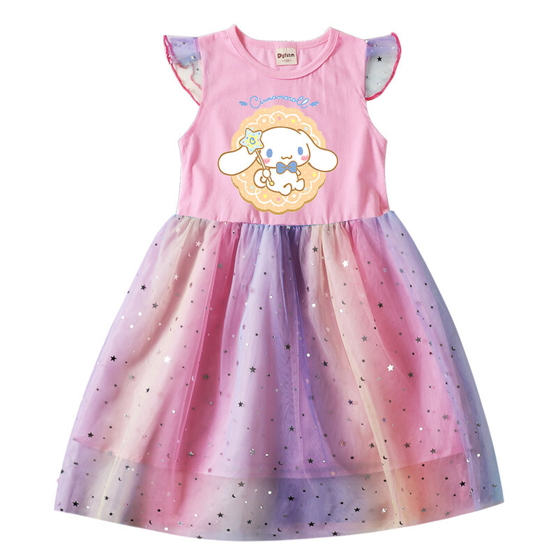 Cute Cinnamoroll Summer Kids Dresses for Girls Cartoon Short Sleeve Princess Dress Children's Prom Mesh Dresses