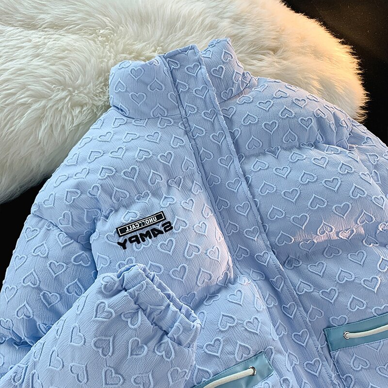 여성용 러브 스탠드 칼라 코튼 재킷, 하라주쿠 패션, 캐주얼 다기능 포켓 지퍼, 두꺼운 빵 다운 재킷, 겨울
