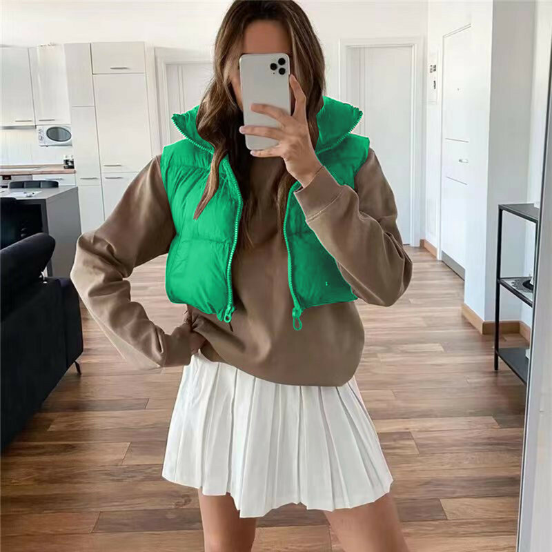 Ladies Cropped Winter Coat Casual Short Drawstring Adjustable Cotton Vest Jacket Solid Color Padded Female Clothing Parkas Tops