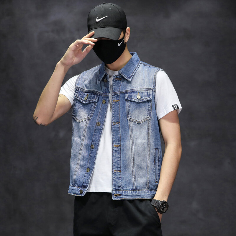 Męska kamizelka jeansowa bez rękawów w stylu punkowym Niebieska modna kamizelka jeansowa Hip-hop Odzież męska Plus Size 5XL-M