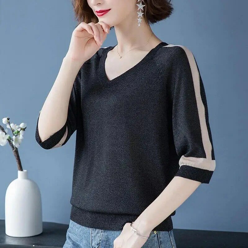 Temperament Summer Thin Women's Contrast Color Bright Silk Screw Thread Ice Silk Fabric Simple Half Sleeve Loose Knitted Tops