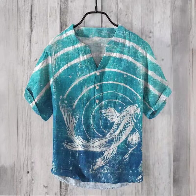 Tiki's 여름 남성용 얇은 V넥 셔츠, 트렌디 브랜드 Pi Shuai 캐주얼 Wei Yi 셔츠, 3D 프린트 대형 아트 폴로 셔츠, 핫 세일