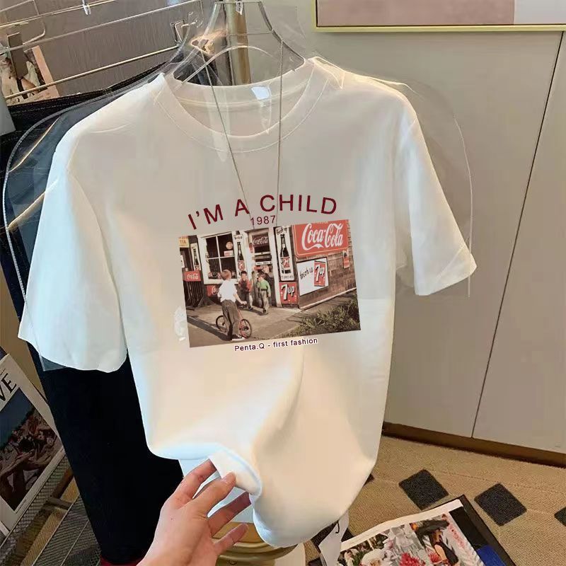 Pure Cotton Short Sleeved T-shirt Street Corner Photo Versatile Casual Style Loose Letter Print Bottom T-shirt Round Neck Top