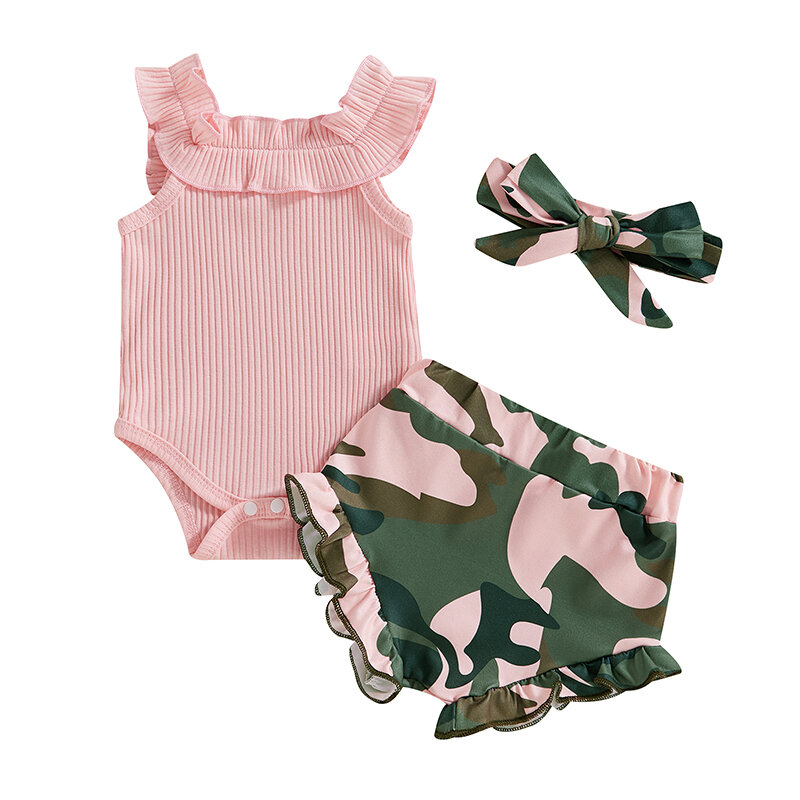 Babymeisjes Shorts Set Mouwloze Romper Met Camouflageshort En Haarband Zomeroutfit