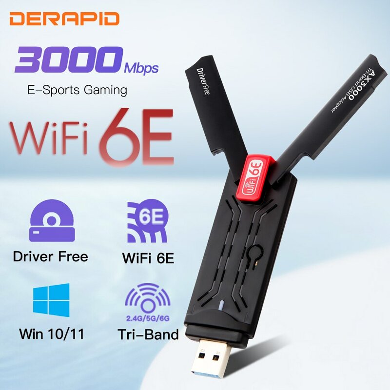 Adaptador DERAPID WiFi 6E AX3000 USB 3,0, receptor de Wi-Fi6E de tarjeta inalámbrica de Triple banda para PC/ordenador portátil para Windows 10/11, SIN controlador