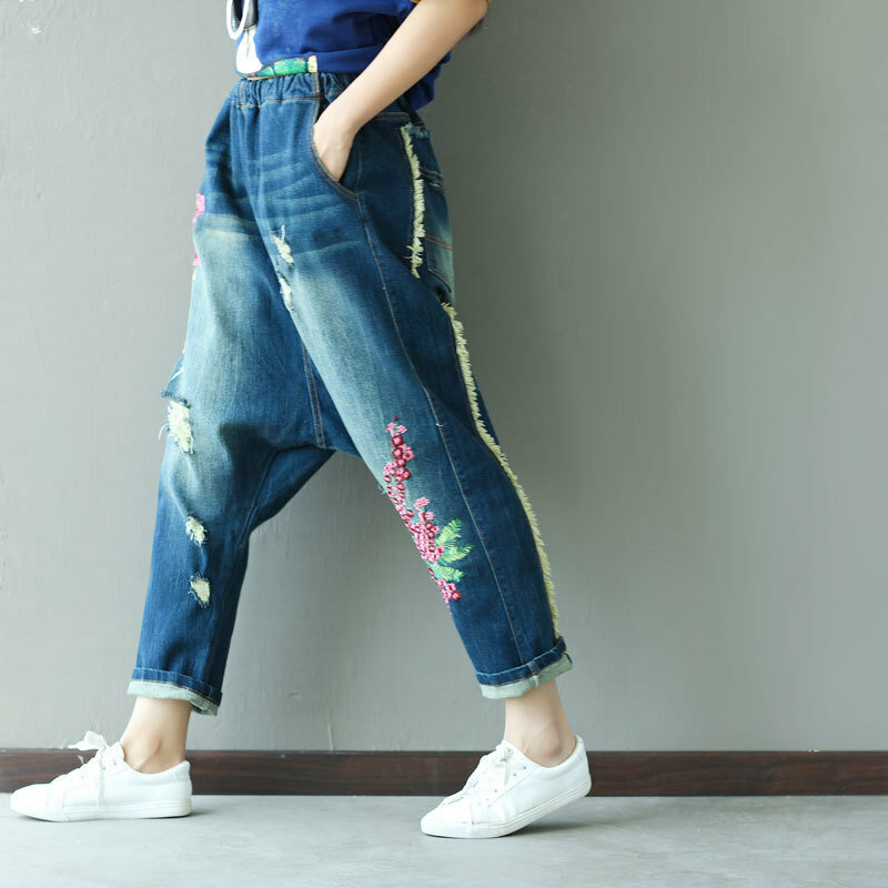 Workowate dżinsy damskie haftowane jeansowe spodnie haremowe z spodnie Hip hopowe krocza w stylu Vintage 2024 poszarpane dziury spodnie z wysokim stanem