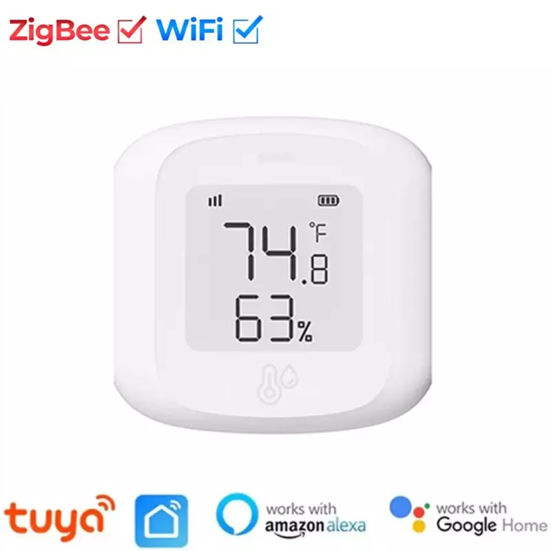 Tuya-ZigBee Sensor de Temperatura e Umidade, Smart Home Automation, Termômetro Interior, Display LCD, Funciona com Alexa e Google