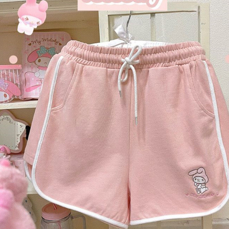 Sanrio Cinnamoroll Melody Kuromi shorts rosa para mulheres, calça curta casual, esporte oversize solto, perna larga, menina coreana estudante, Y2k