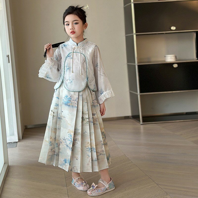 Girl's Horse Face Skirt Set 2024 Spring New Chinese Ancient Style Hanfu Children Girl Tang Suit Dress Two Piece Princess Set