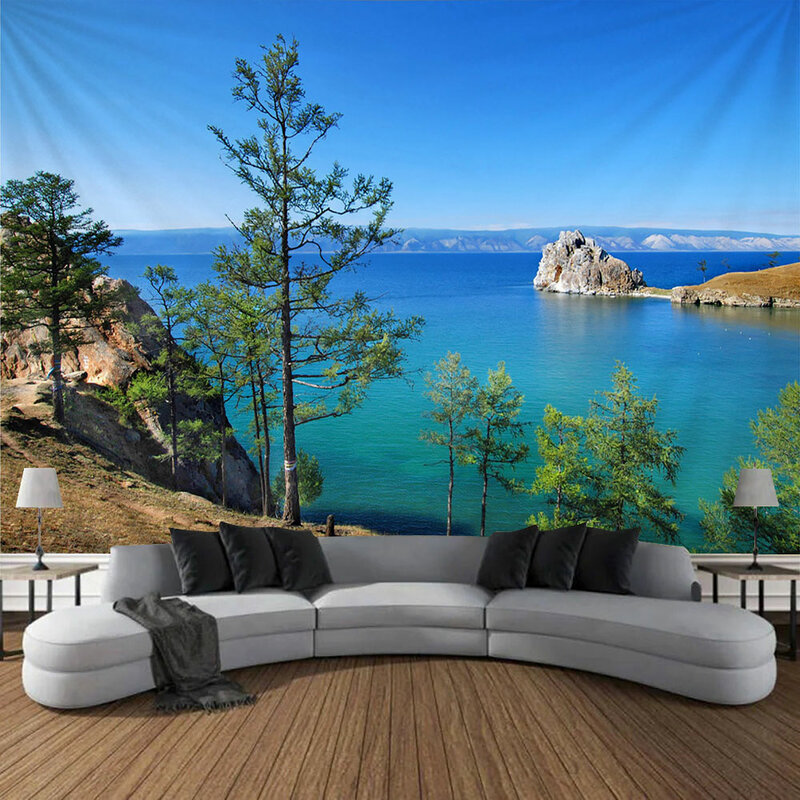Naturalne góry jezioro drzewo iglaste krajobraz gobelin ściana wisząca sypialnia salon dekoracja domu