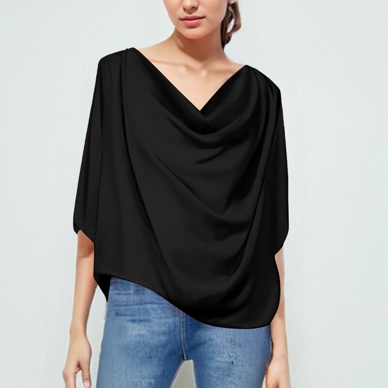 Blusa de gasa de Color sólido para mujer, camiseta informal holgada con cuello en V, ropa de calle elegante, camisetas para mujer