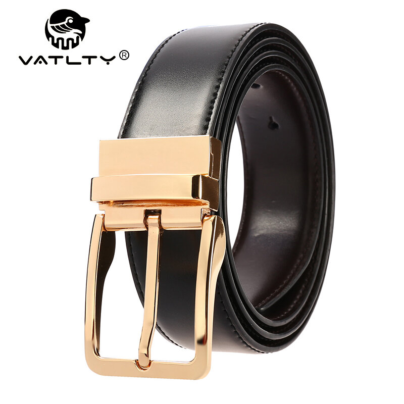 VATLTY Nouvelle ceinture en cuir pour homme boucle en alliage boucle dorée Peau de vache naturelle 130cm ceinture argentée Pantalons réversibles pour homme
