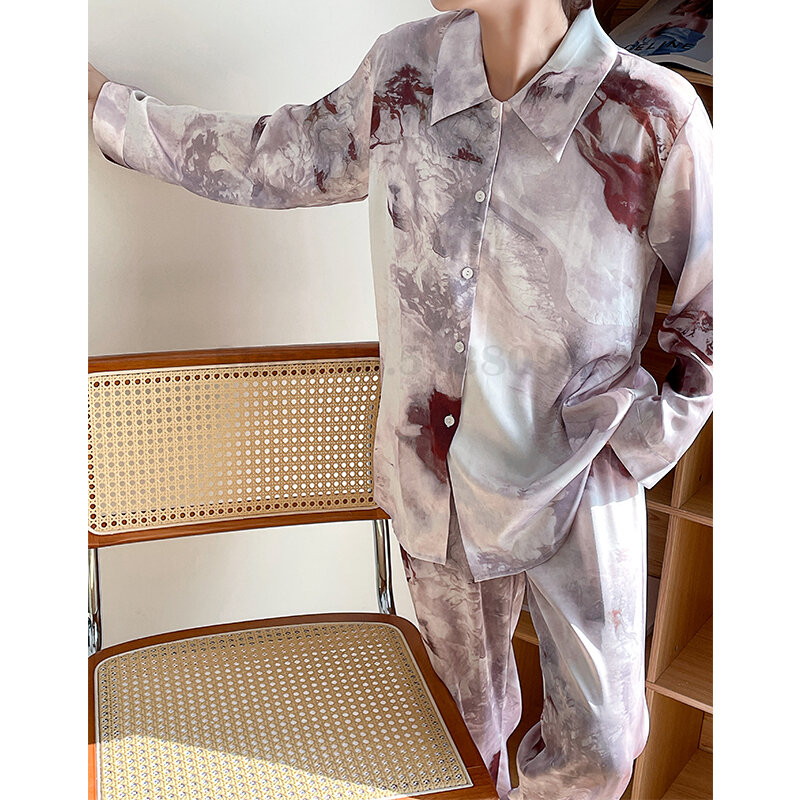 Pijamas de cetim, camisa de lapela feminina, pijamas casuais soltos, loungewear sexy estampado para primavera e verão, 2024