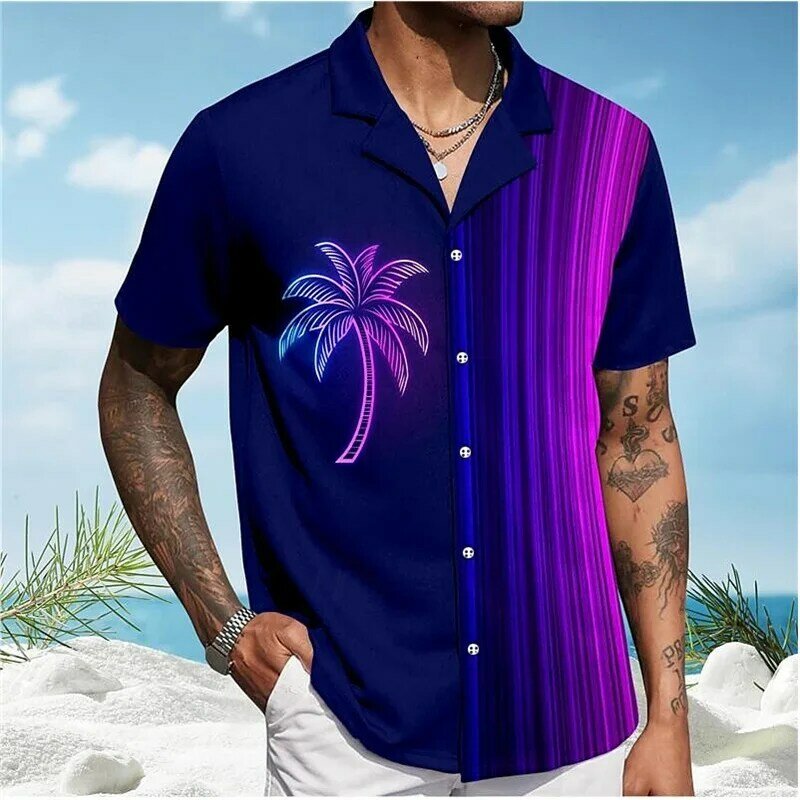 男性用パームツリー3Dプリントシャツ,休暇用ビーチサマーラペル,半袖,紫,大きいサイズ5xl,8色,hawii,夏
