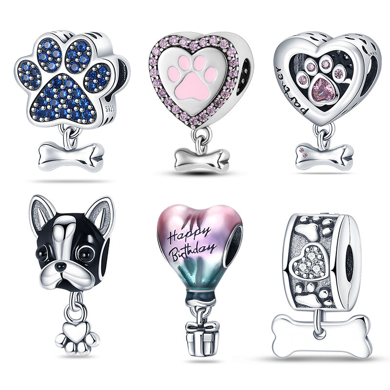 Dijes de corazón con forma de pata de Mascota, compatibles con Pandora 925, pulseras originales 100%, abalorios de globo de plata 925 para regalos de joyería de cumpleaños